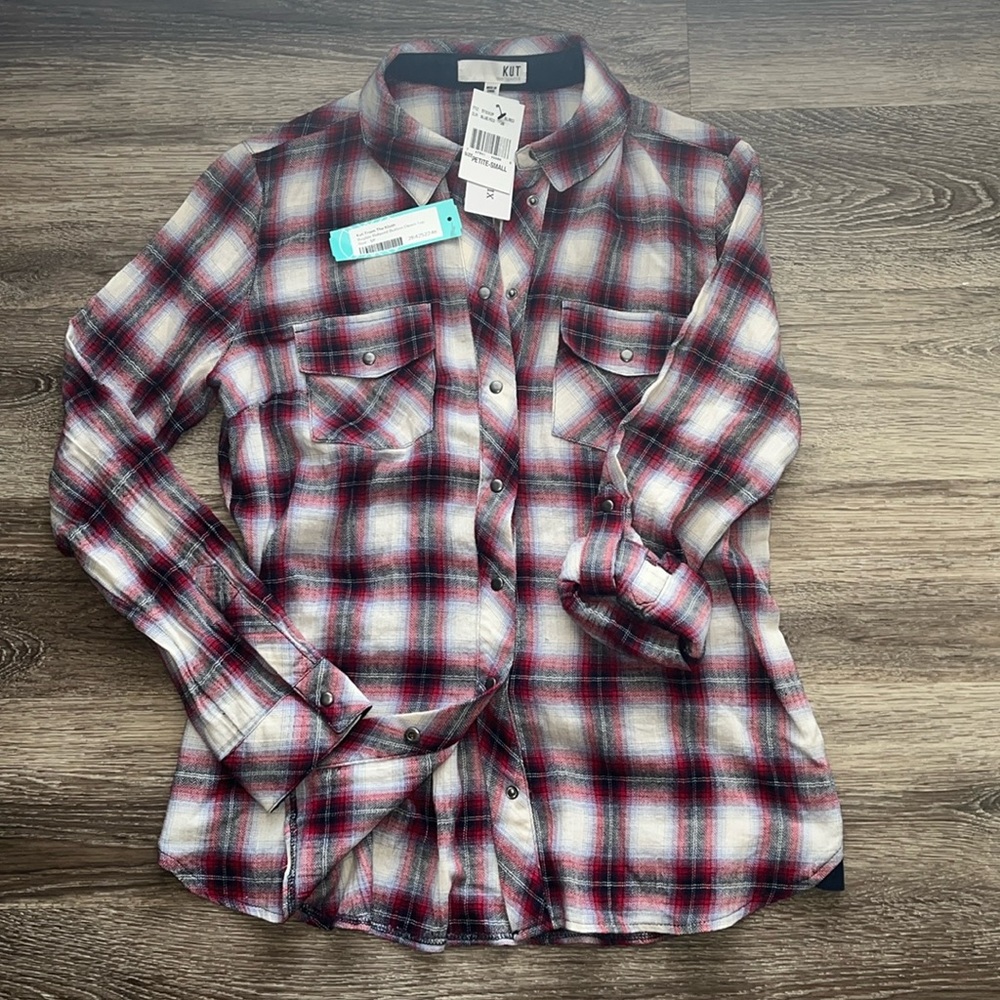 BNWT Kut from the Kloth Women’s Button Down Plaid Shirt Roll Tab